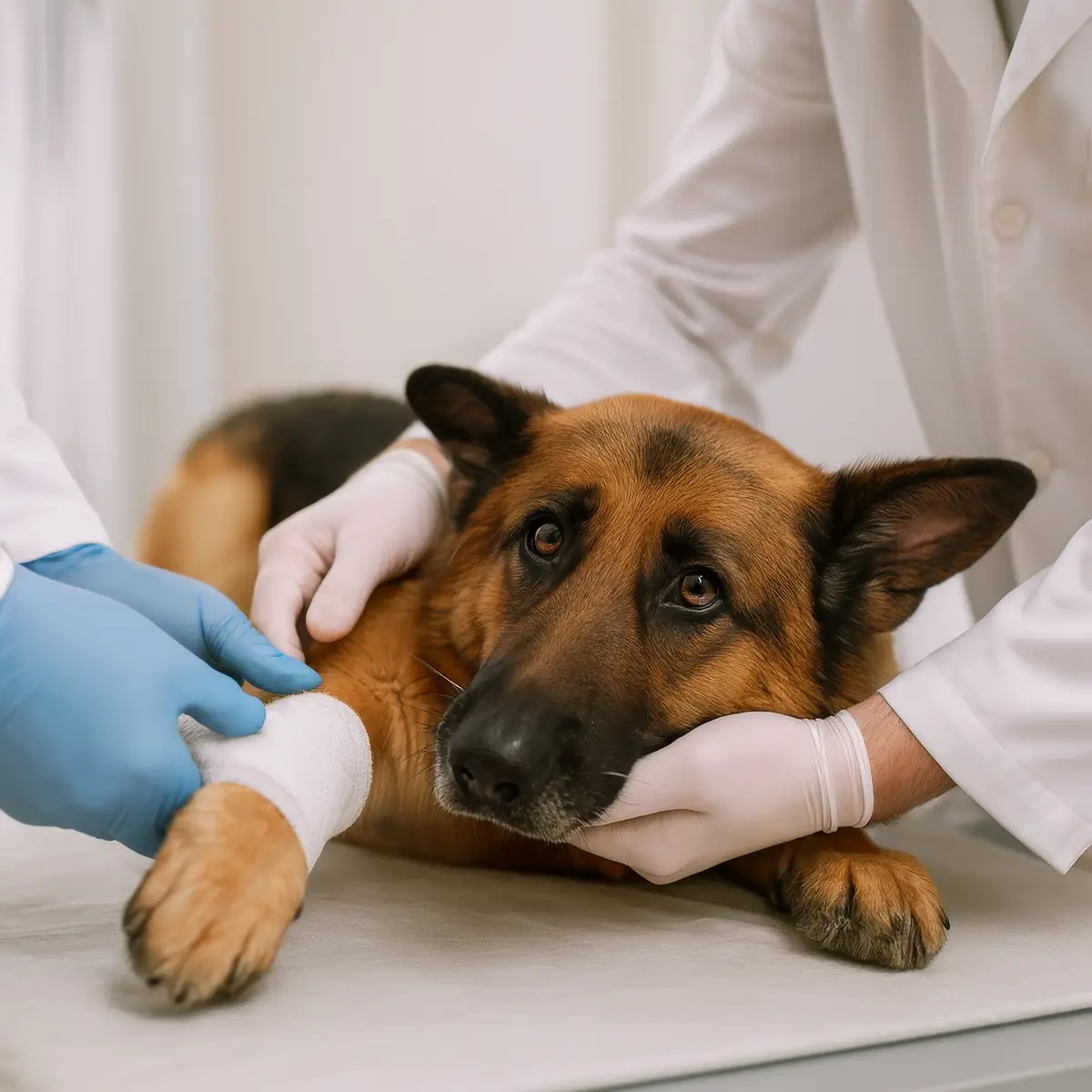 Dois veterinários realizando um curativo e enfaixando a pata de um cão Pastor Alemão, deitado calmamente na mesa de exame.